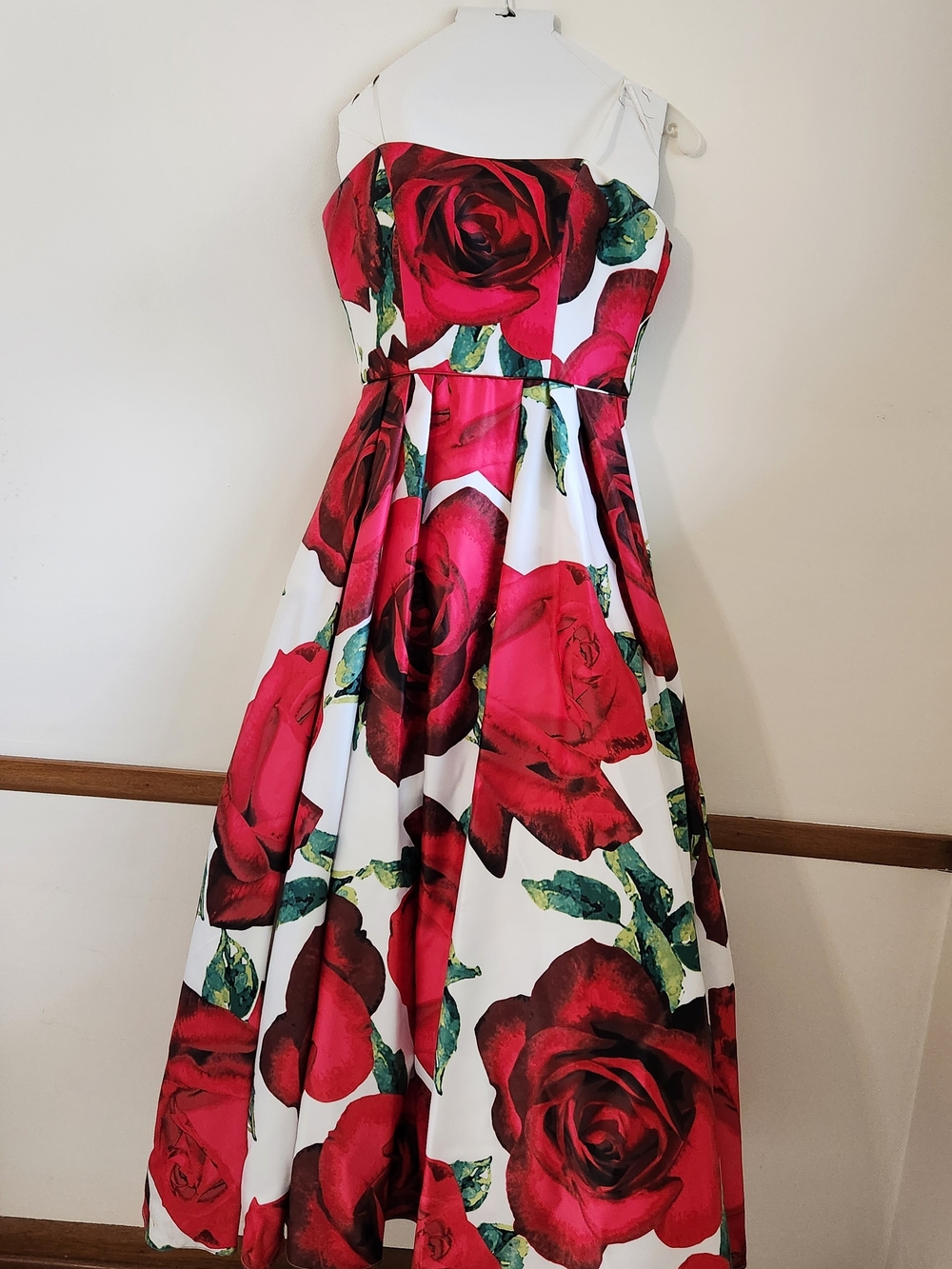 Girls Strapless Rose Print Party Dress in Red and White